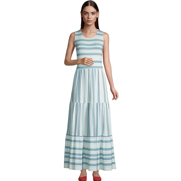 Lands’ End Women’s Sleeveless Tiered Maxi Dress Paradise Blue Striped Sz L - Picture 1 of 11